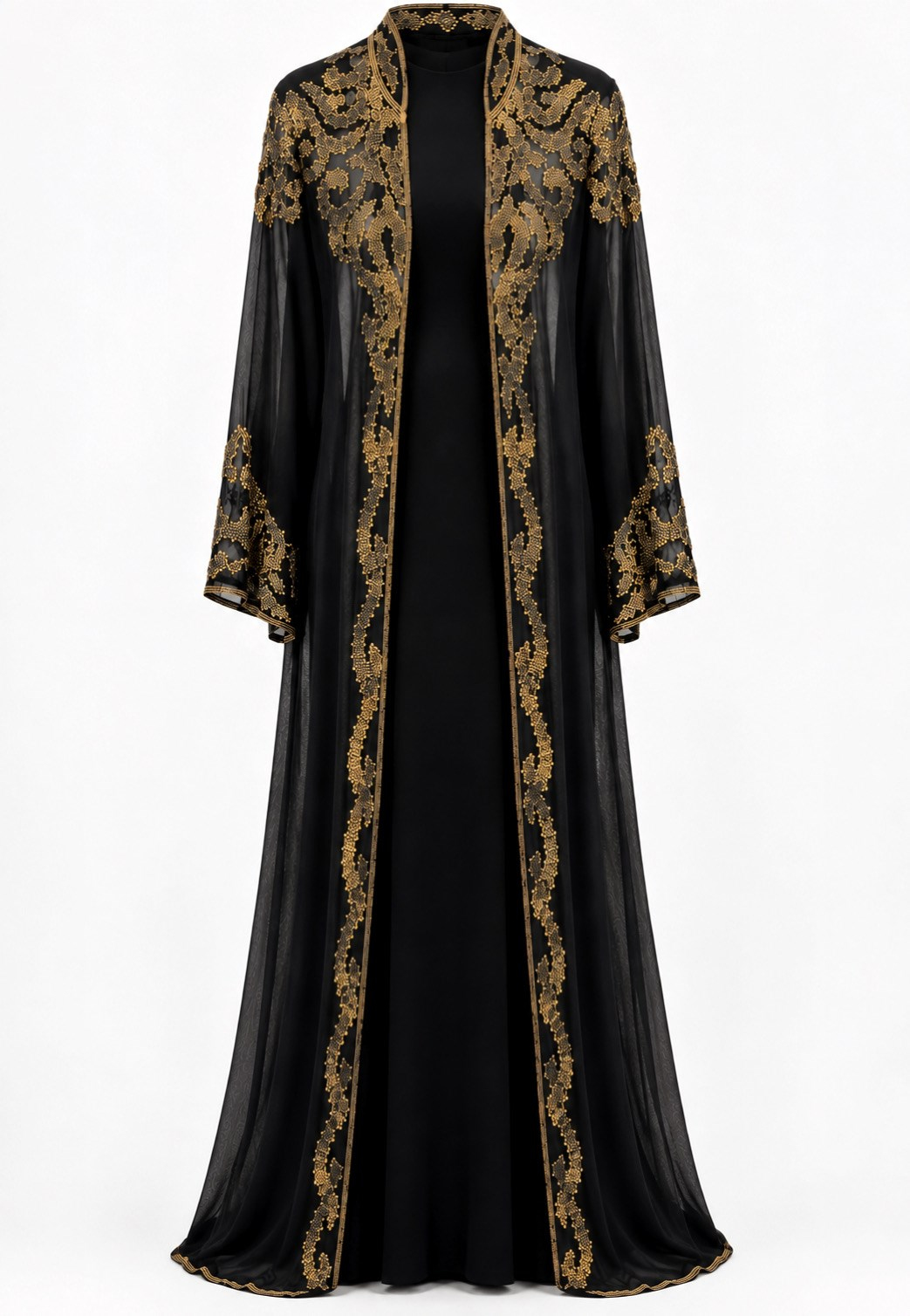 İthal Gold Kasnak İşlemeli Şifon Abaya