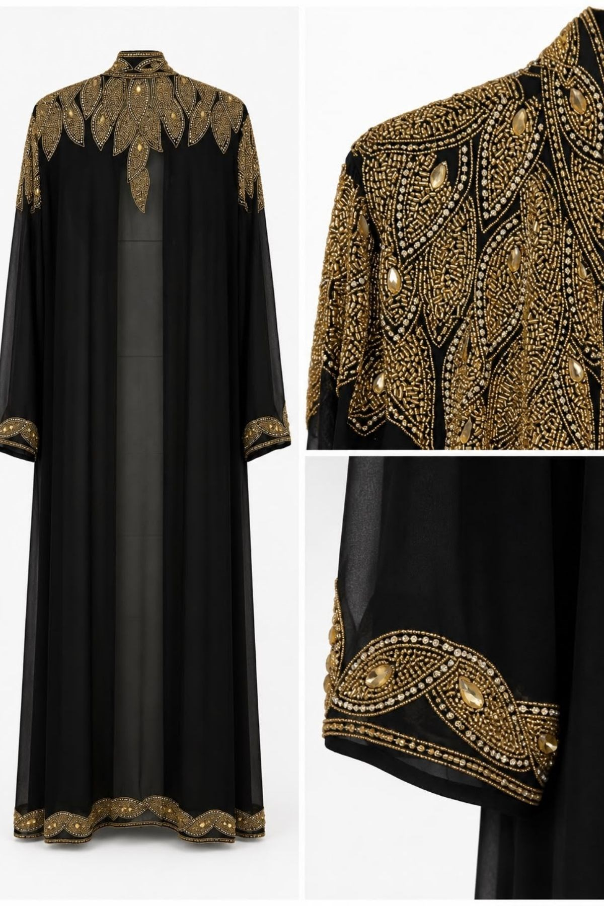 İthal Gold Kasnak İşlemeli Şifon Abaya
