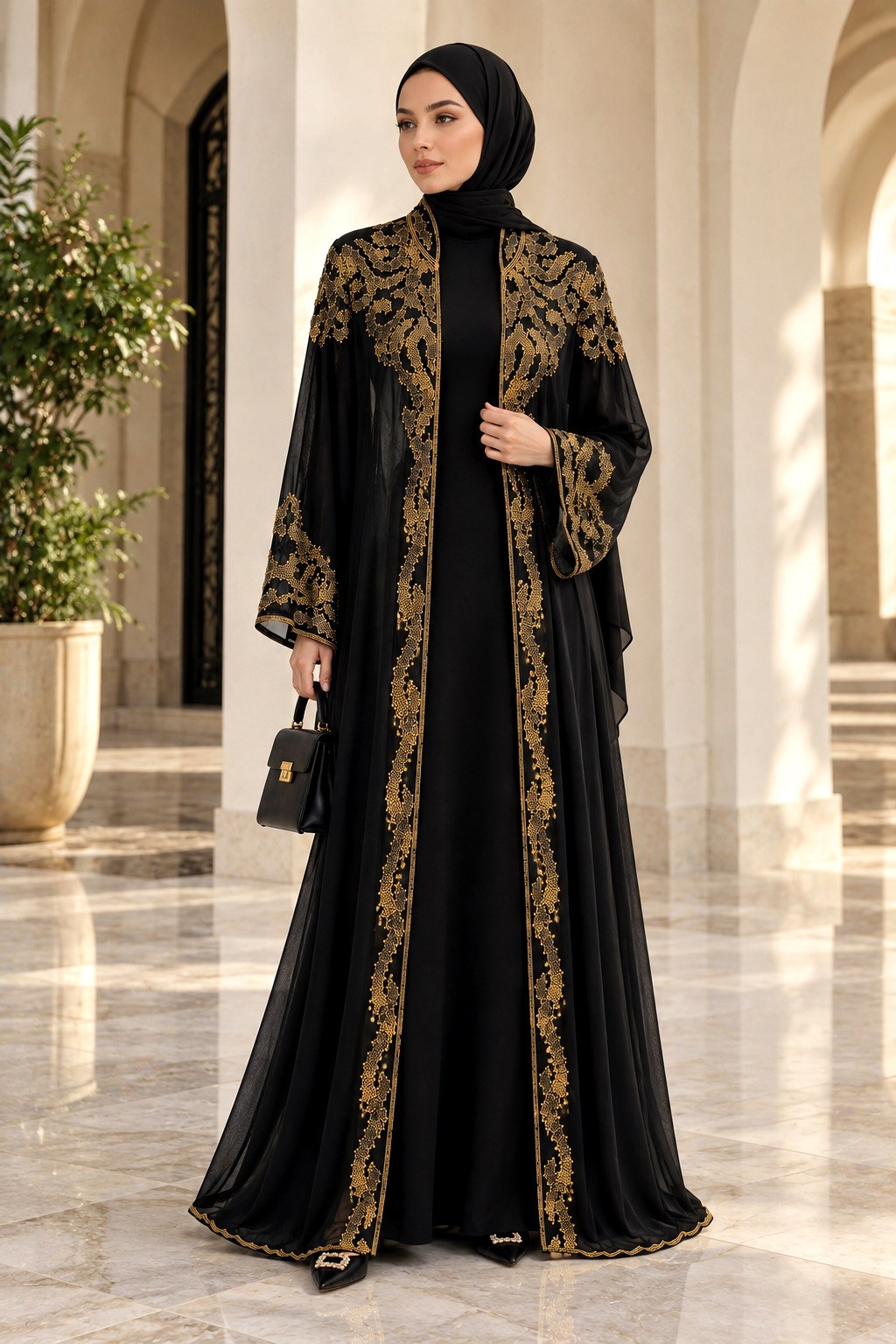 İthal Gold Kasnak İşlemeli Şifon Abaya
