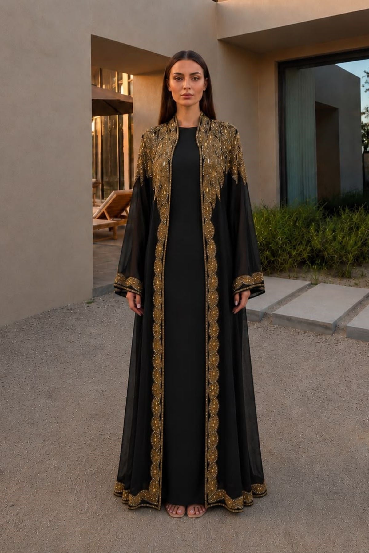 İthal Gold Kasnak İşlemeli Şifon Abaya