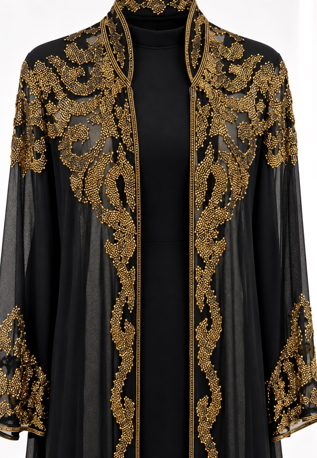 İthal Gold Kasnak İşlemeli Şifon Abaya
