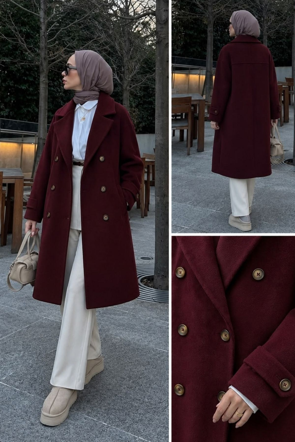 Kaşe Düğmeli Bordo Kaban