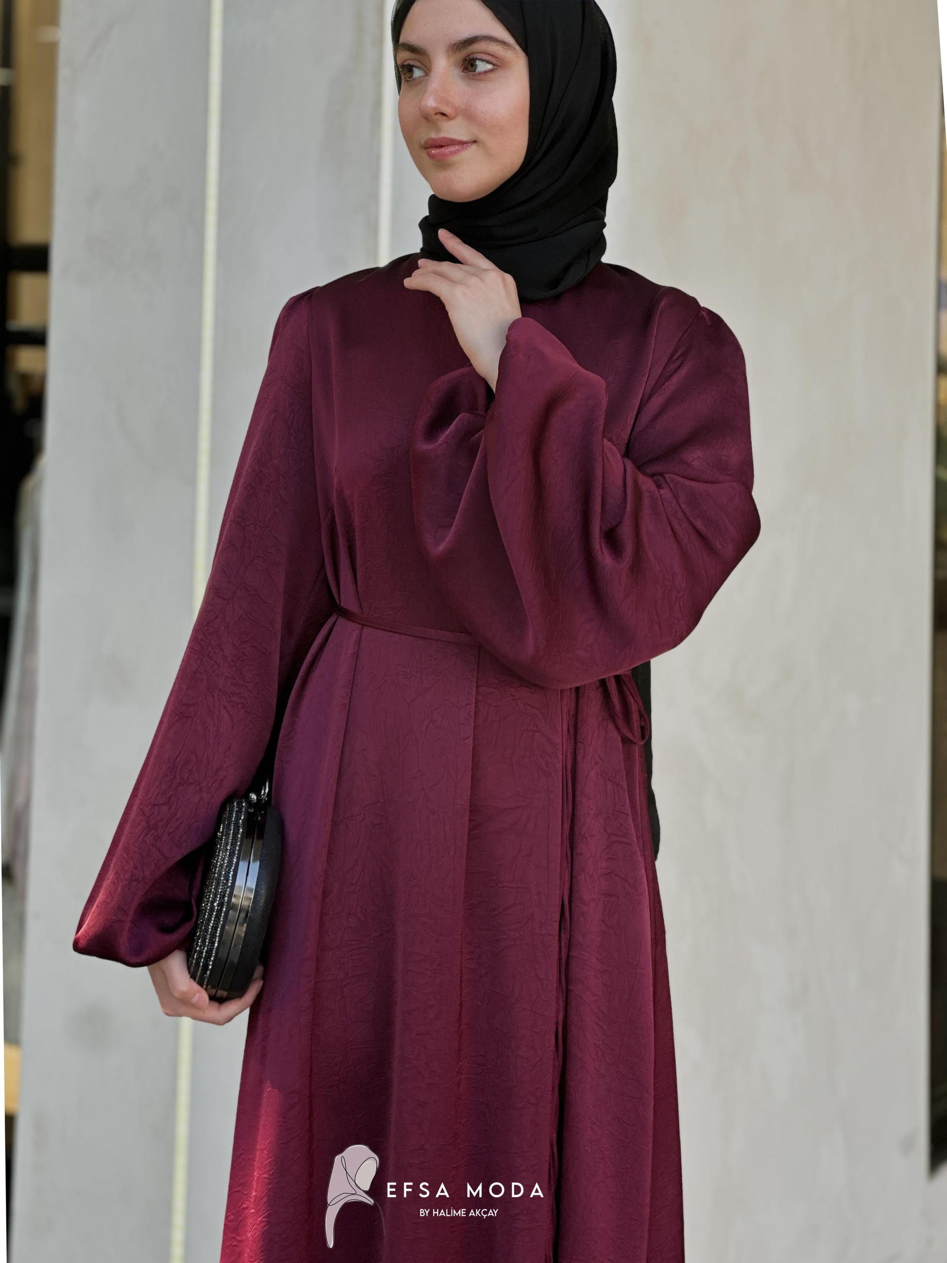 KREP SATEN ELBİSE BORDO