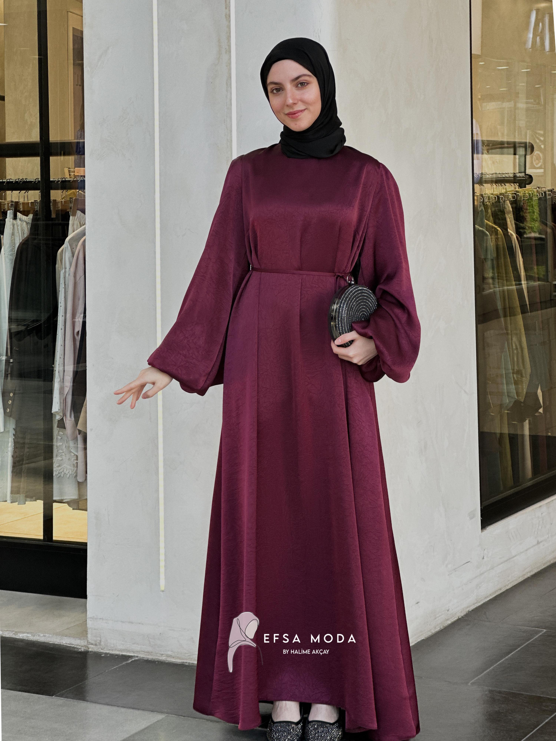 KREP SATEN ELBİSE BORDO