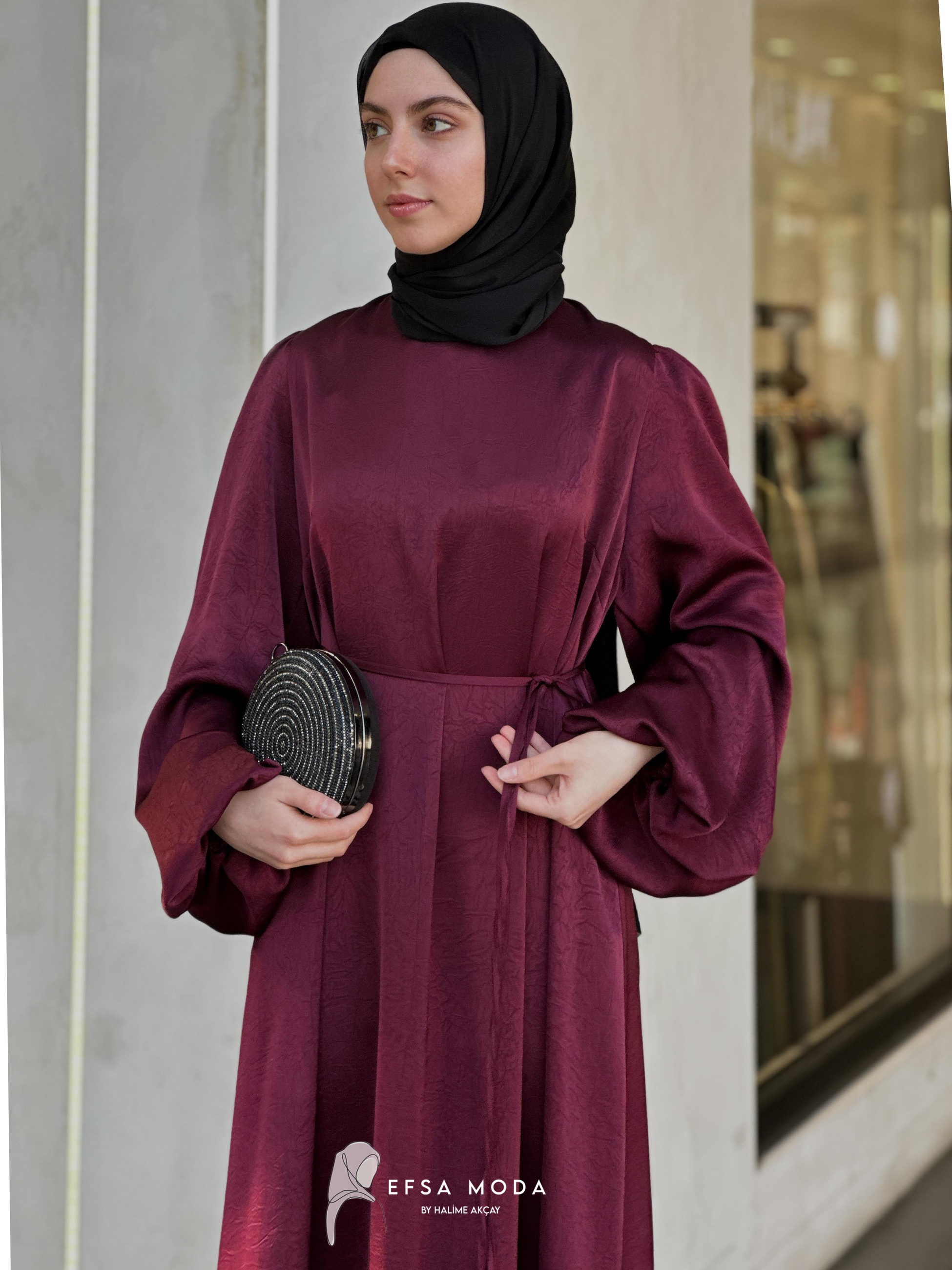 KREP SATEN ELBİSE BORDO