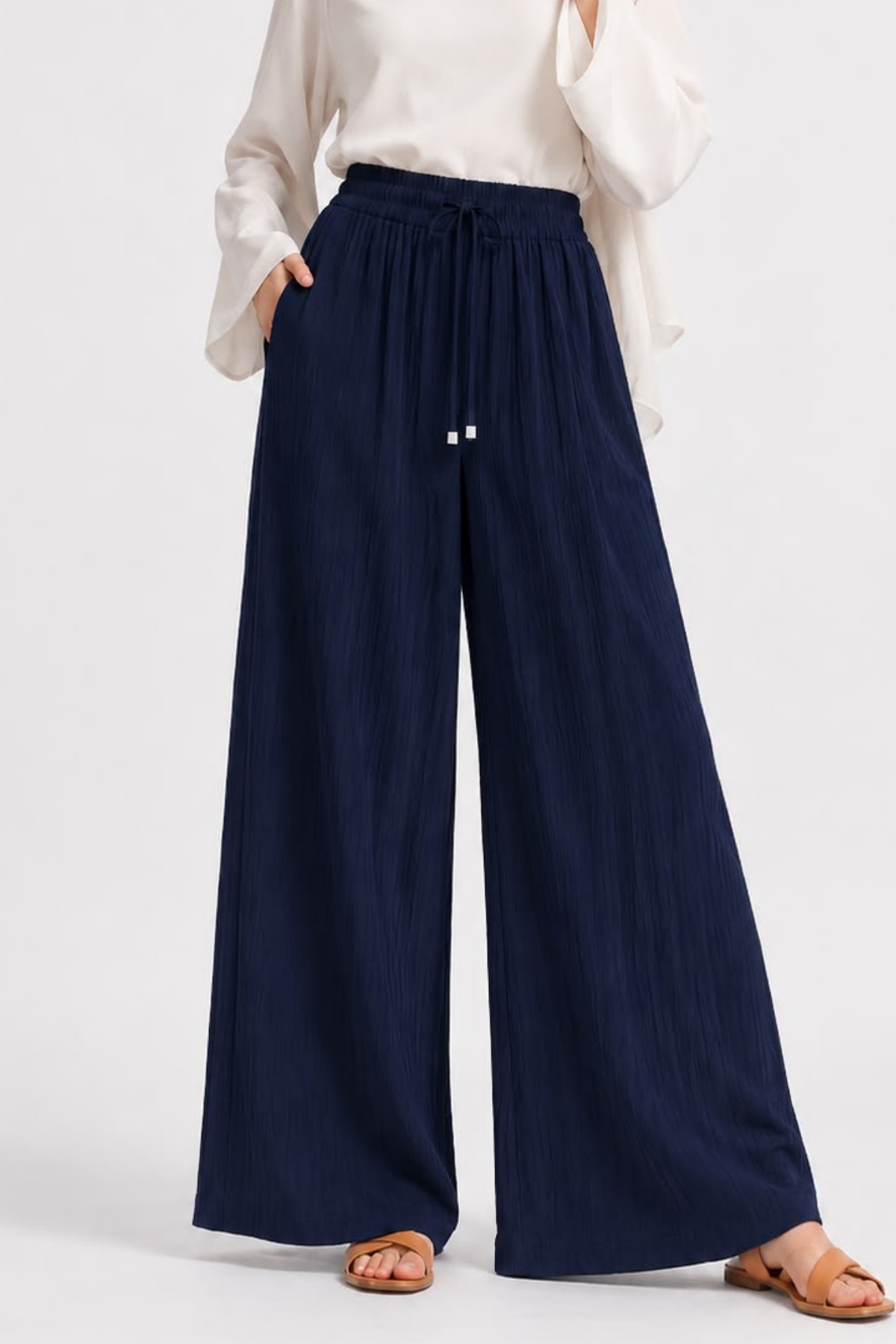 Lacivert Beli Lastikli Bol Paça Pantolon