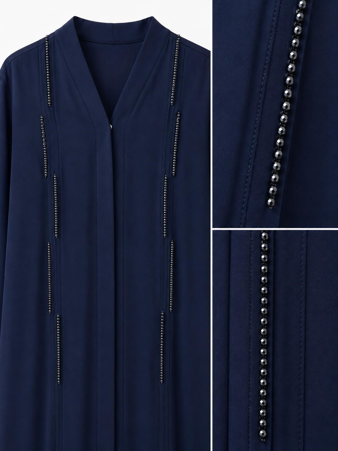 Lacivert Dubai İpeği Minimal Taş Detaylı Abaya