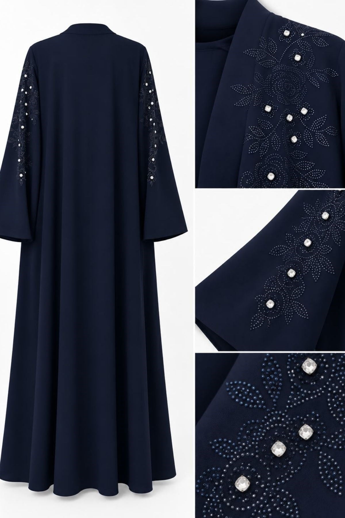 Lacivert Yaprak Taş İşlemeli 2 Parça Abaya Takım