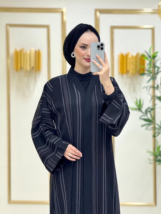 Lema Kendinden Çizgili İpek Abaya Siyah