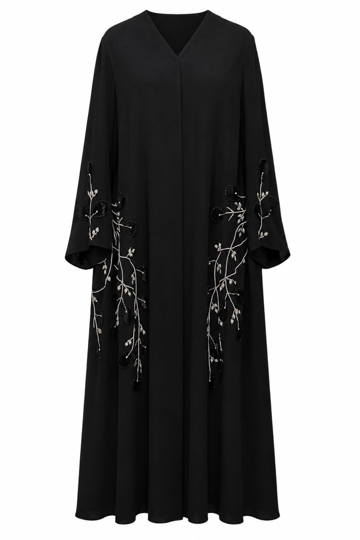Nakış ve Boncuk İşlemeli Siyah Abaya