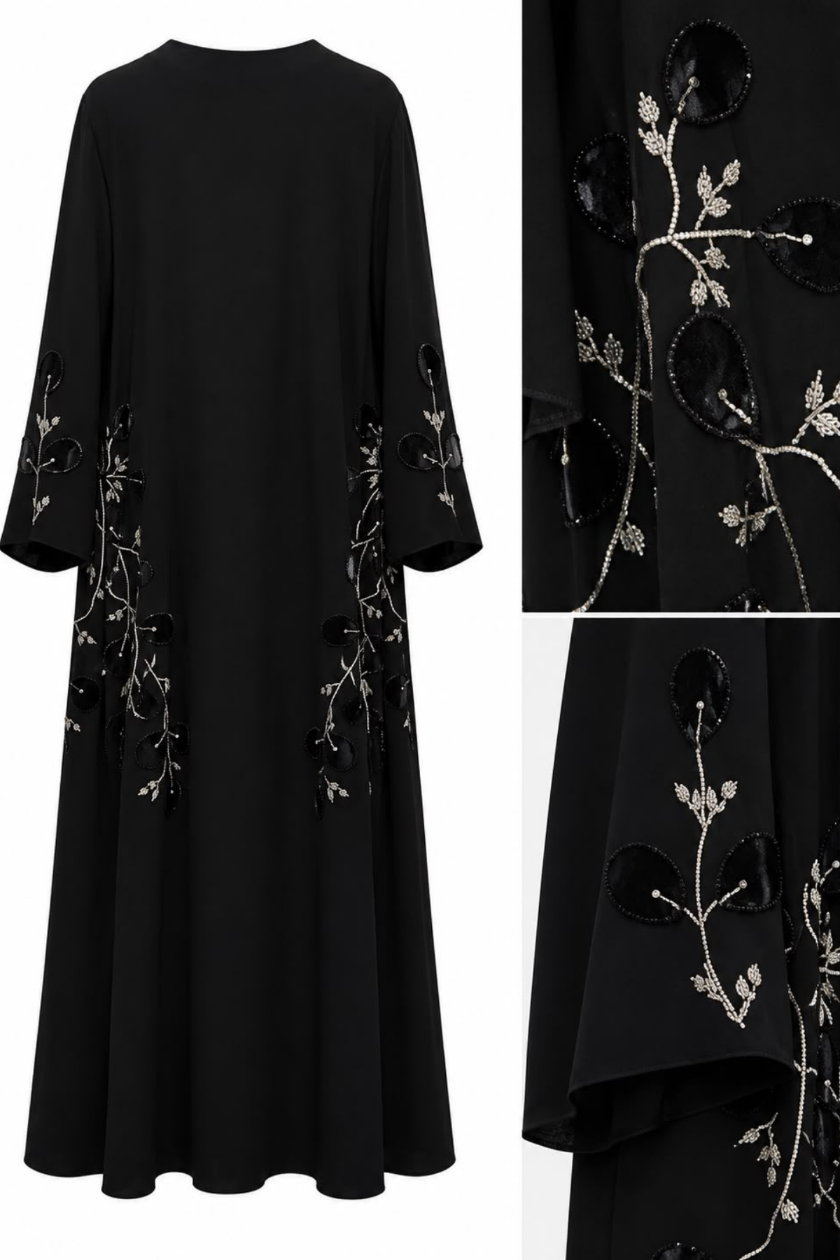 Nakış ve Boncuk İşlemeli Siyah Abaya