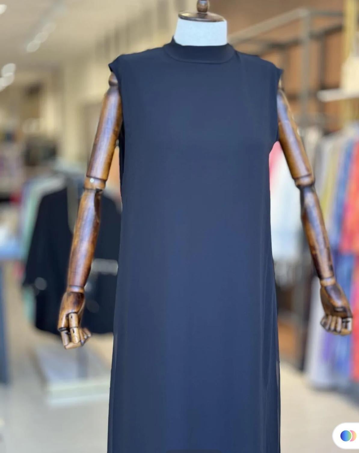 Önü Şifon İç Elbise Sıfır Kollu Siyah