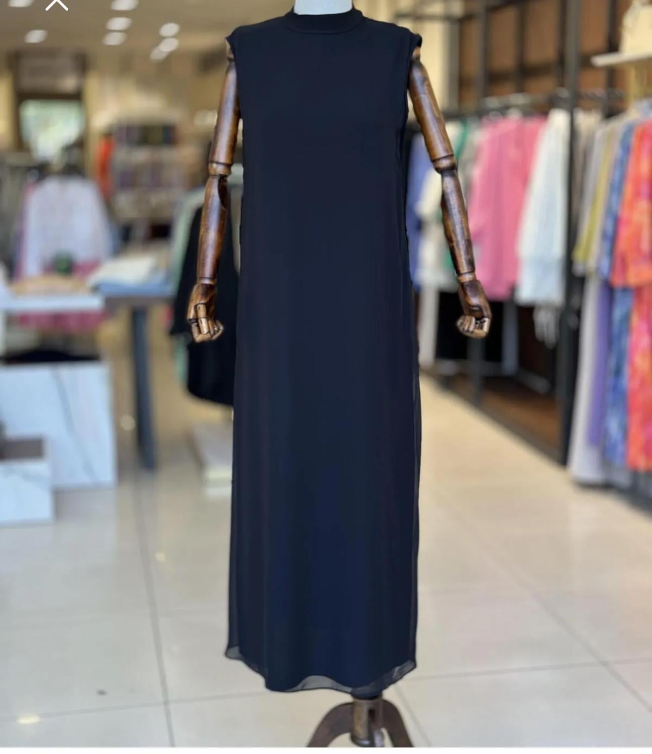 Önü Şifon İç Elbise Sıfır Kollu Siyah
