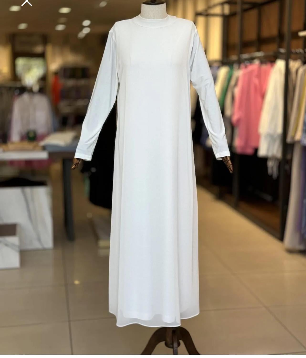 Önü Şifon İç Elbise Uzun Kollu Beyaz