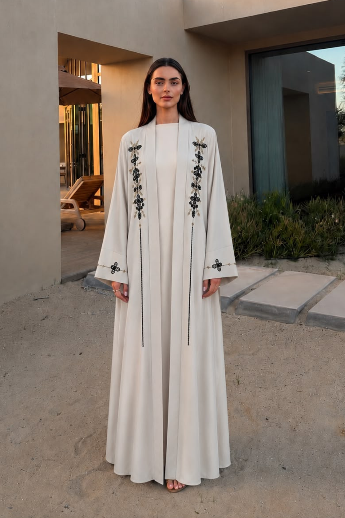 Özel Gold Nakışlı Ekru Abaya