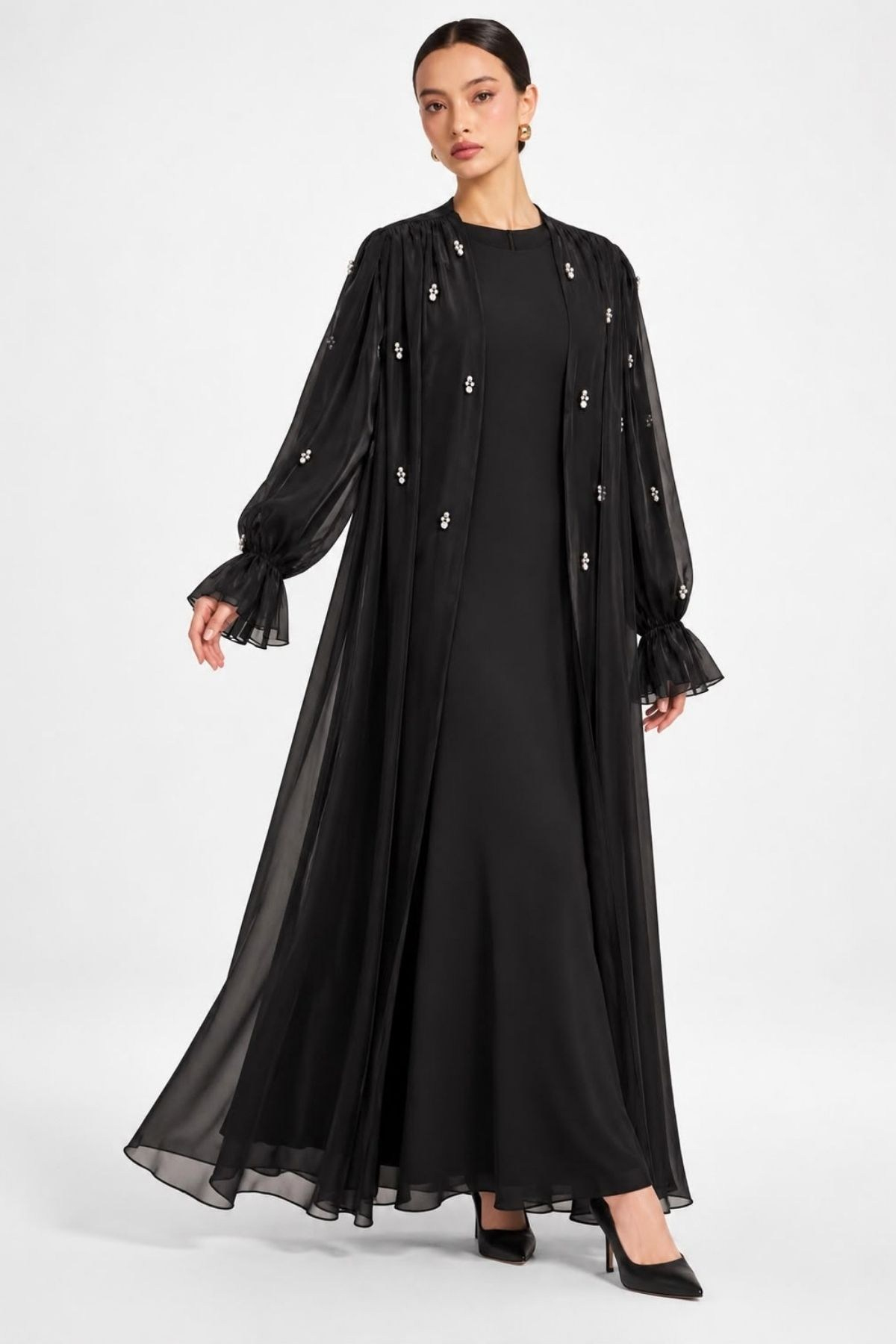 Özel İnci İşlemeli İkili Abaya Takım Siyah