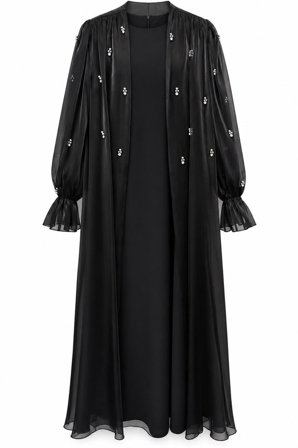 Özel İnci İşlemeli İkili Abaya Takım Siyah