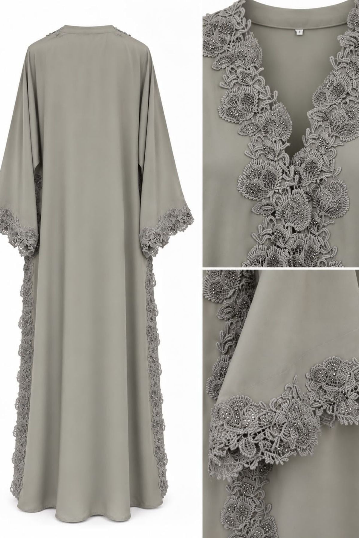 Özel Tasarım Dubai İpeği El İşlemeli İnce Dantel Taşlı Su Yeşili Abaya 