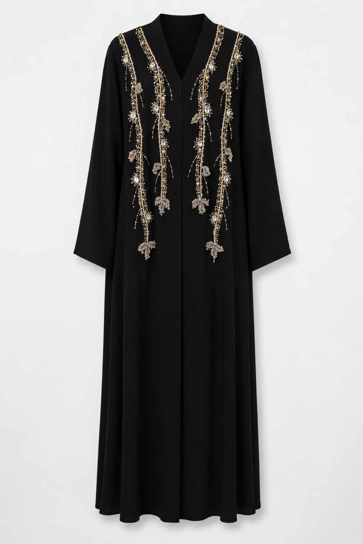 Özel Tasarım İthal Siyah Abaya – Gold Taş ve İnci İşlemeli