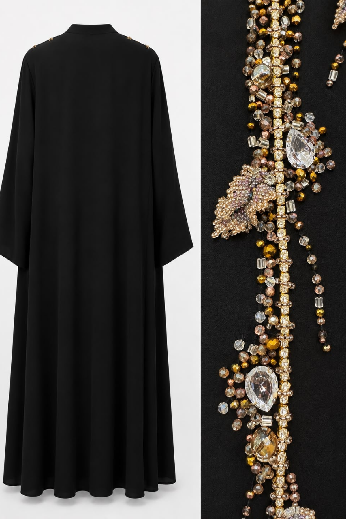 Özel Tasarım İthal Siyah Abaya – Gold Taş ve İnci İşlemeli