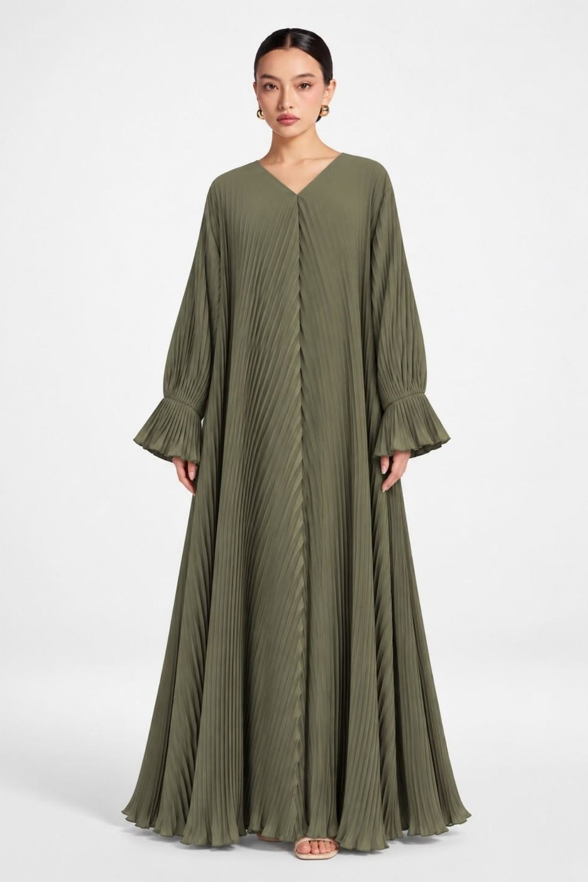 Piliseli Likralı Yeşil Abaya