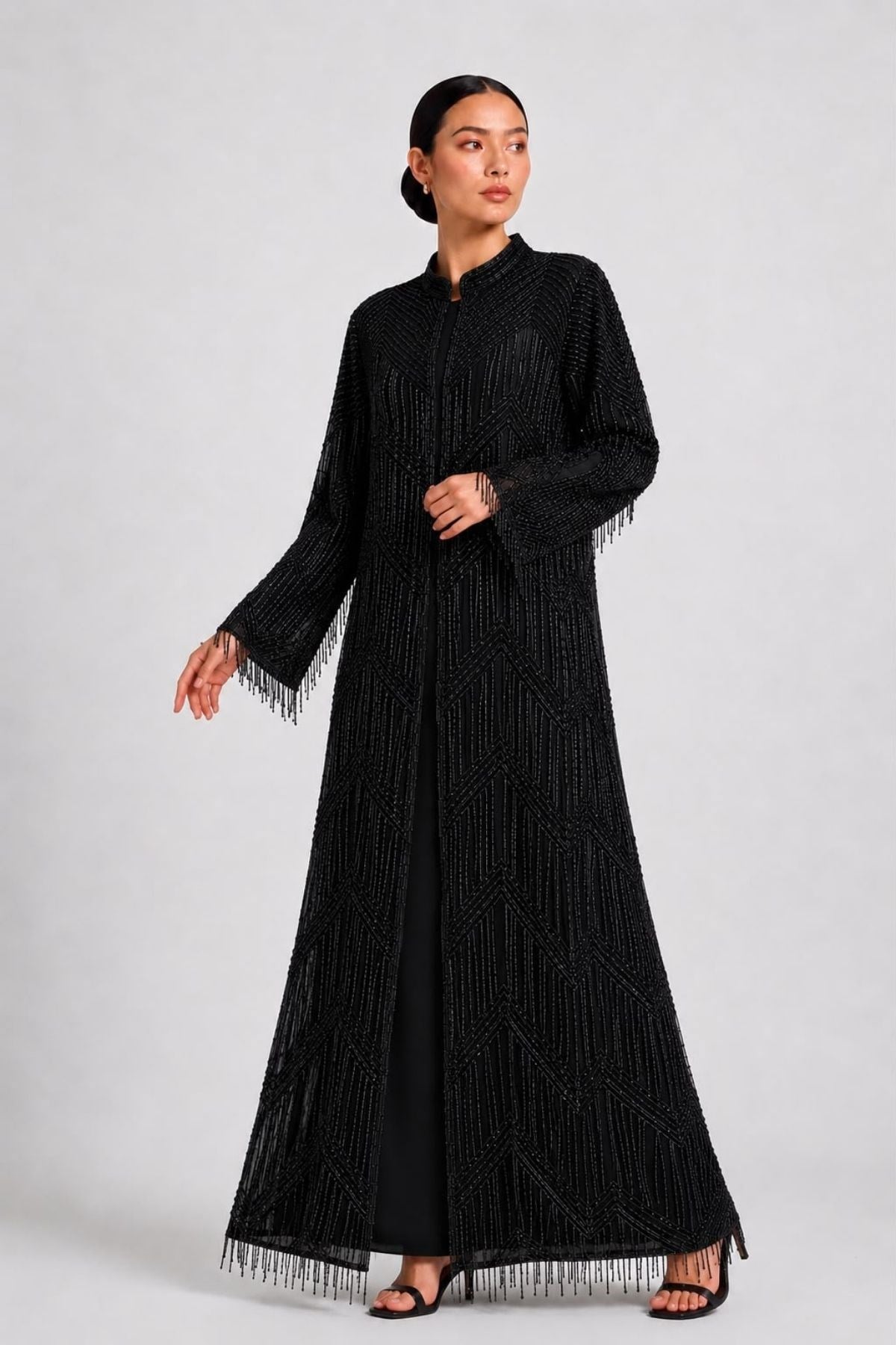 Prestige İthal Boncuk İşlemeli Abaya – Ful Siyah