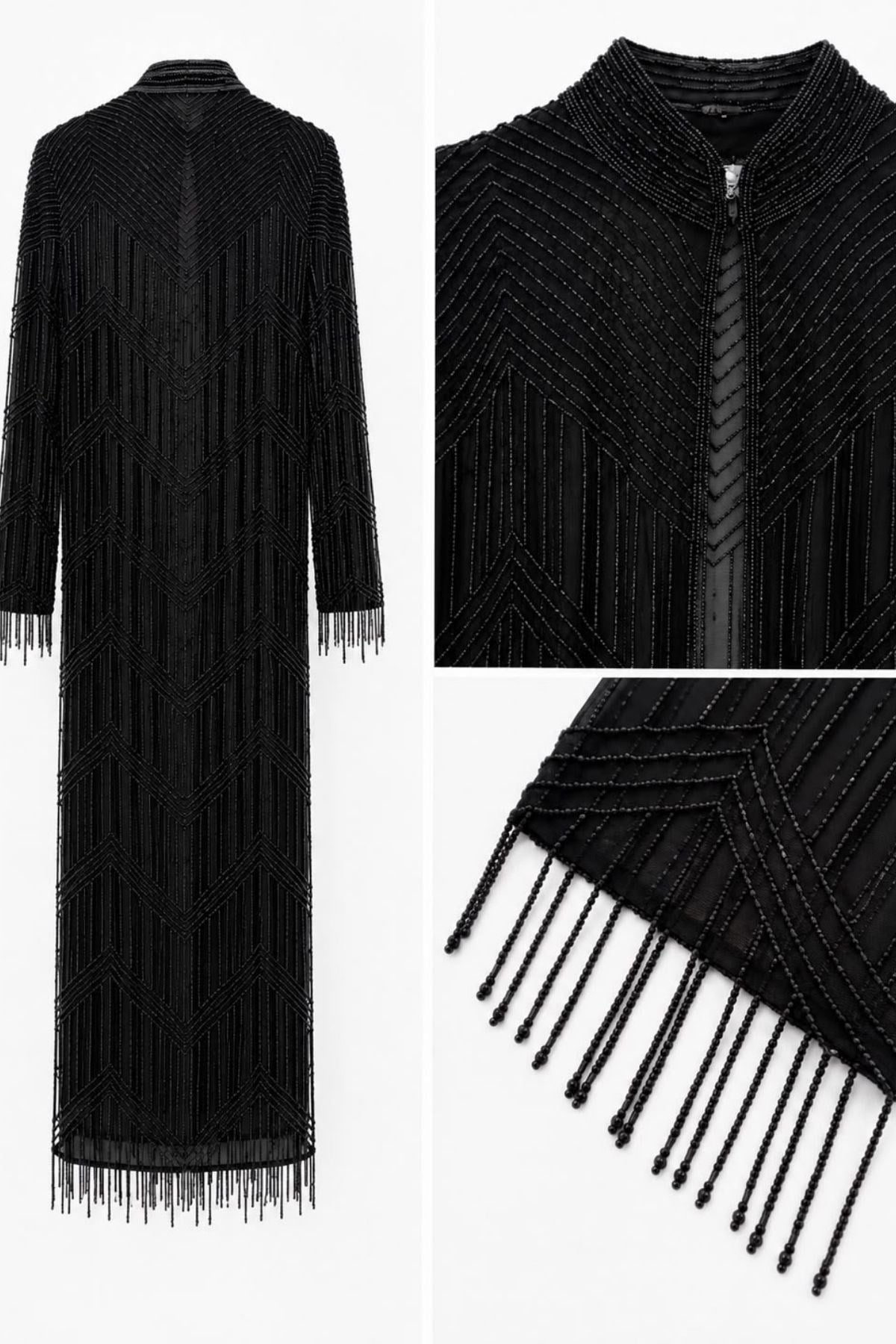Prestige İthal Boncuk İşlemeli Abaya – Ful Siyah