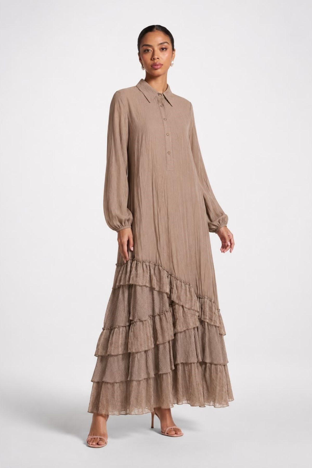 Sahara Volan Katlı Elbise Camel