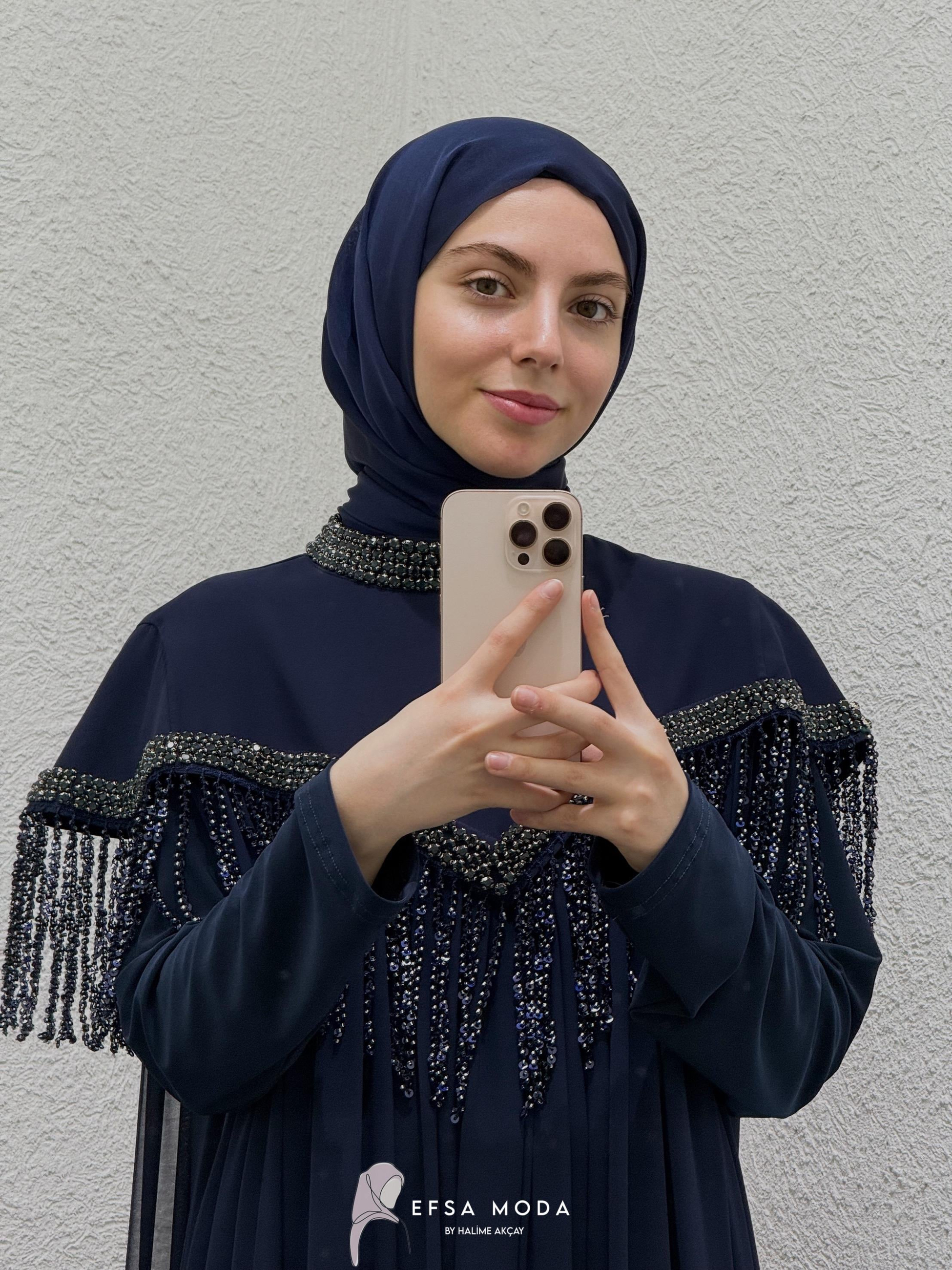 SELENA ELBİSE LACİVERT SAÇAKLI