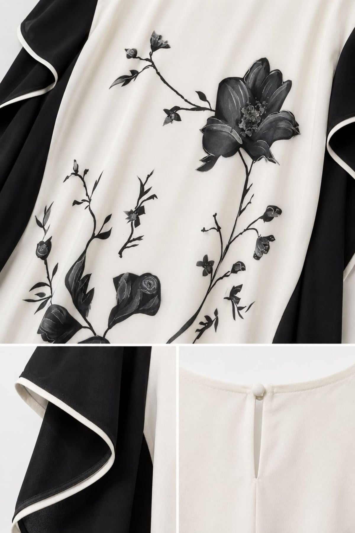 Siyah Beyaz Çiçek Desenli Oversize Abaya