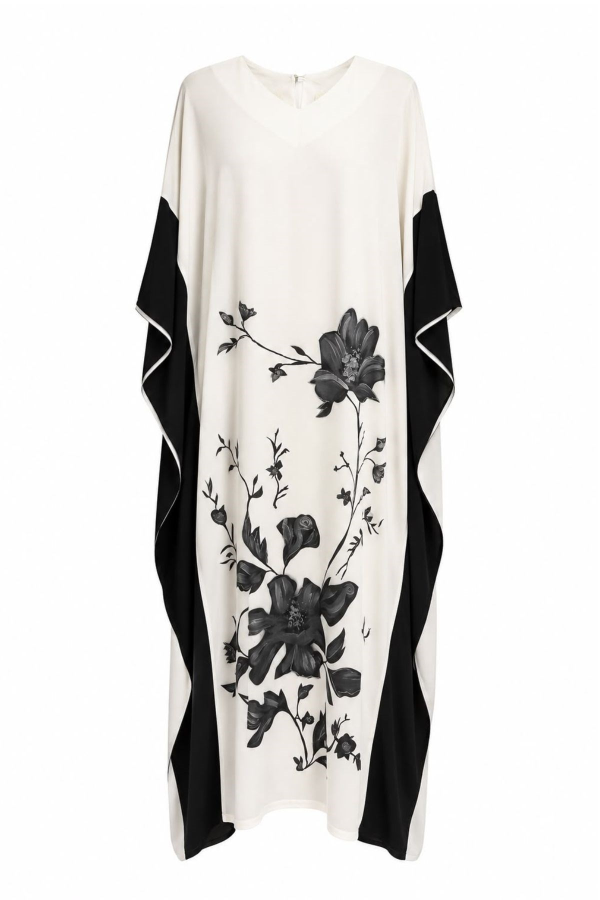 Siyah Beyaz Çiçek Desenli Oversize Abaya