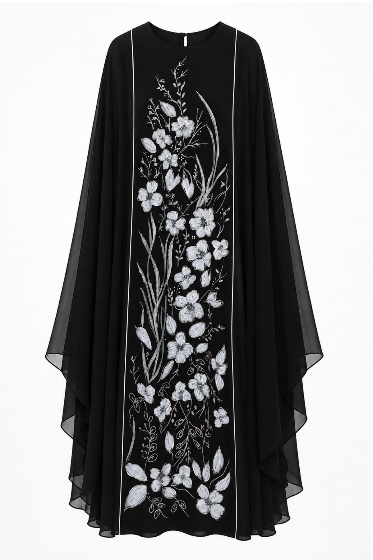 Siyah Çiçek Nakışlı Şifon Abaya