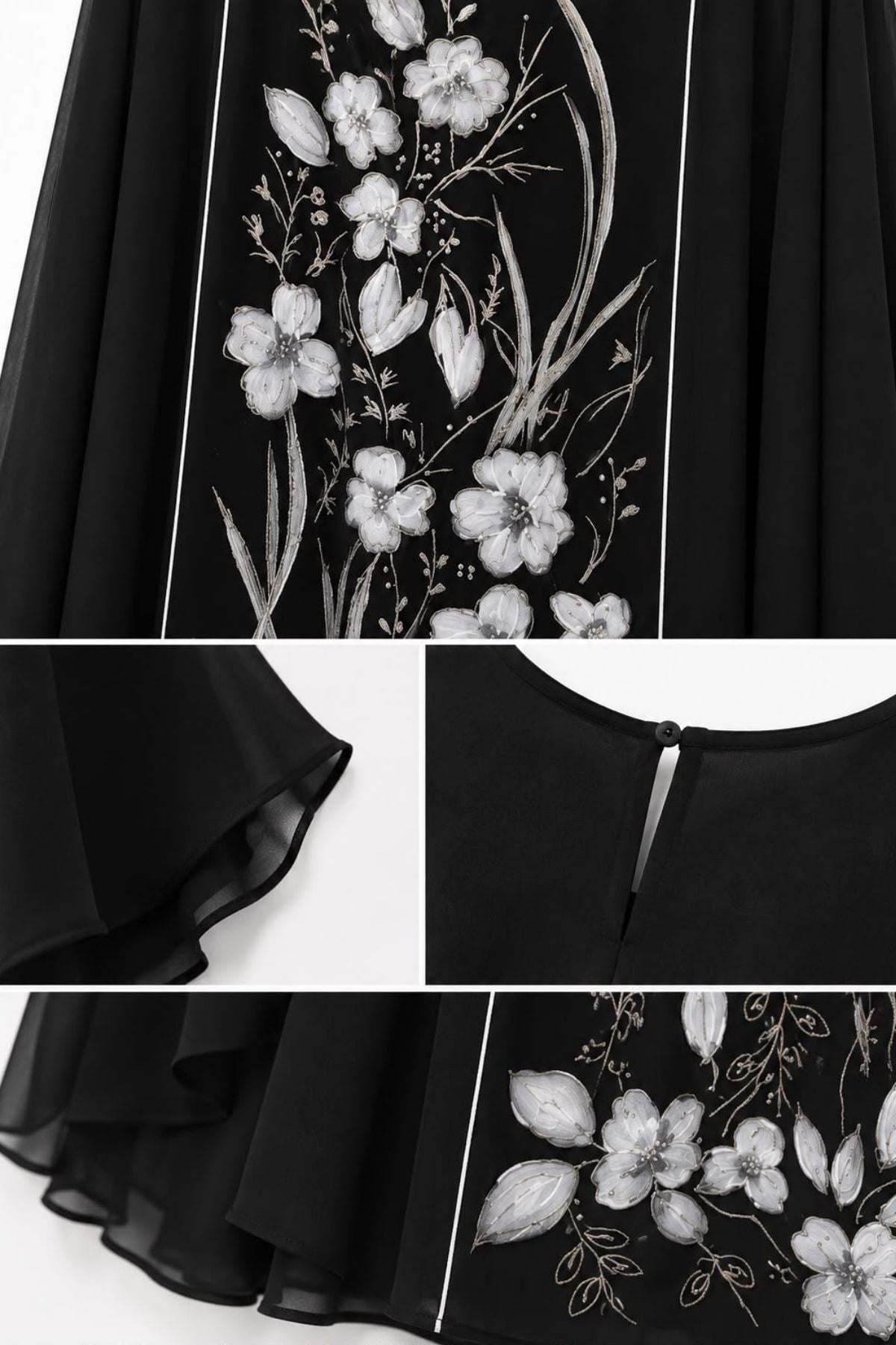 Siyah Çiçek Nakışlı Şifon Abaya