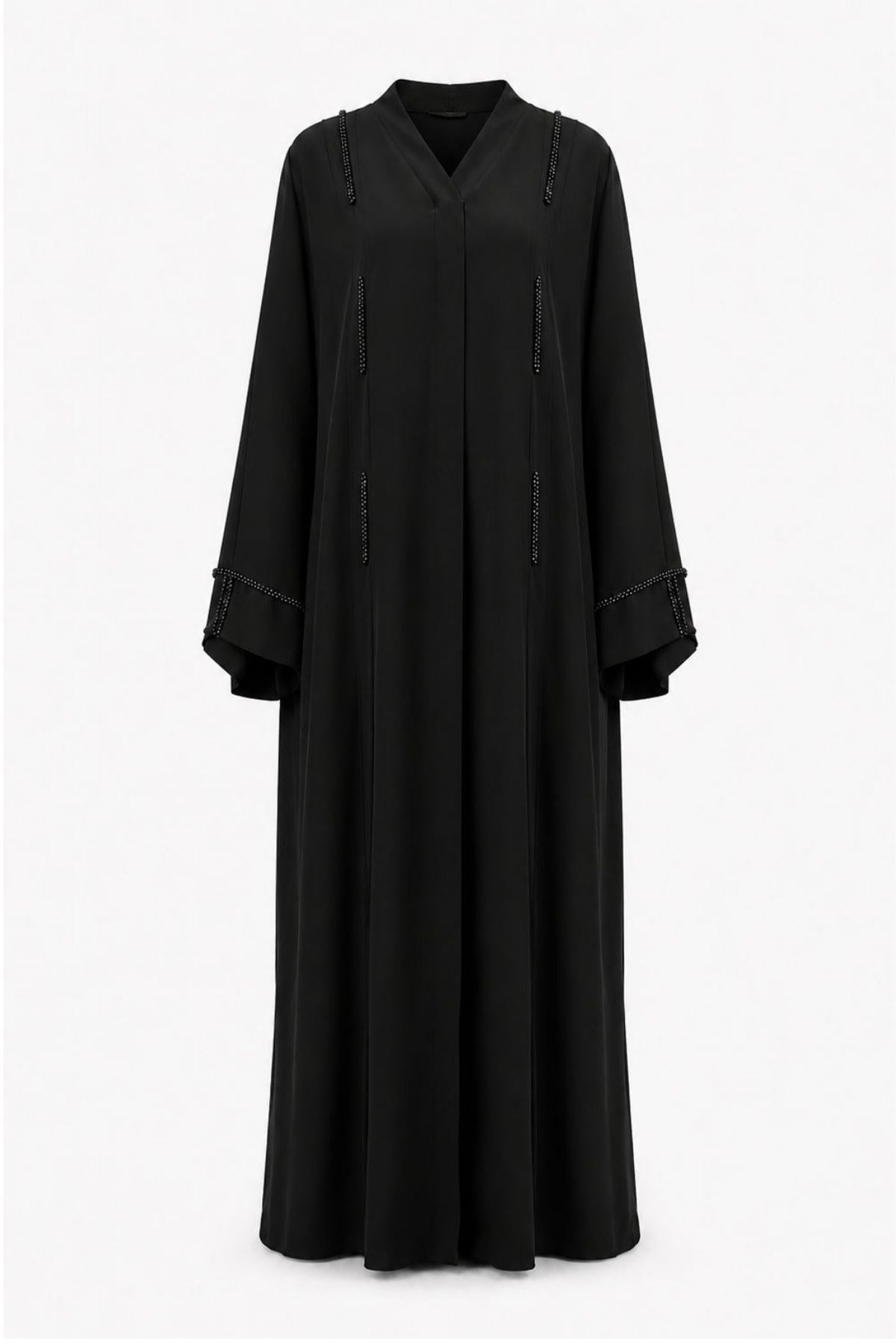 Siyah Dubai İpeği Minimal Taş Detaylı Abaya