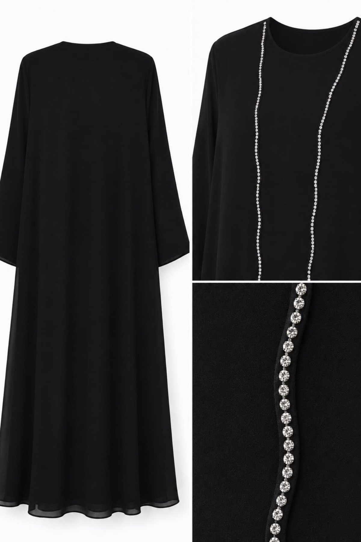 Siyah Gümüş Taş İşlemeli Şık Abaya
