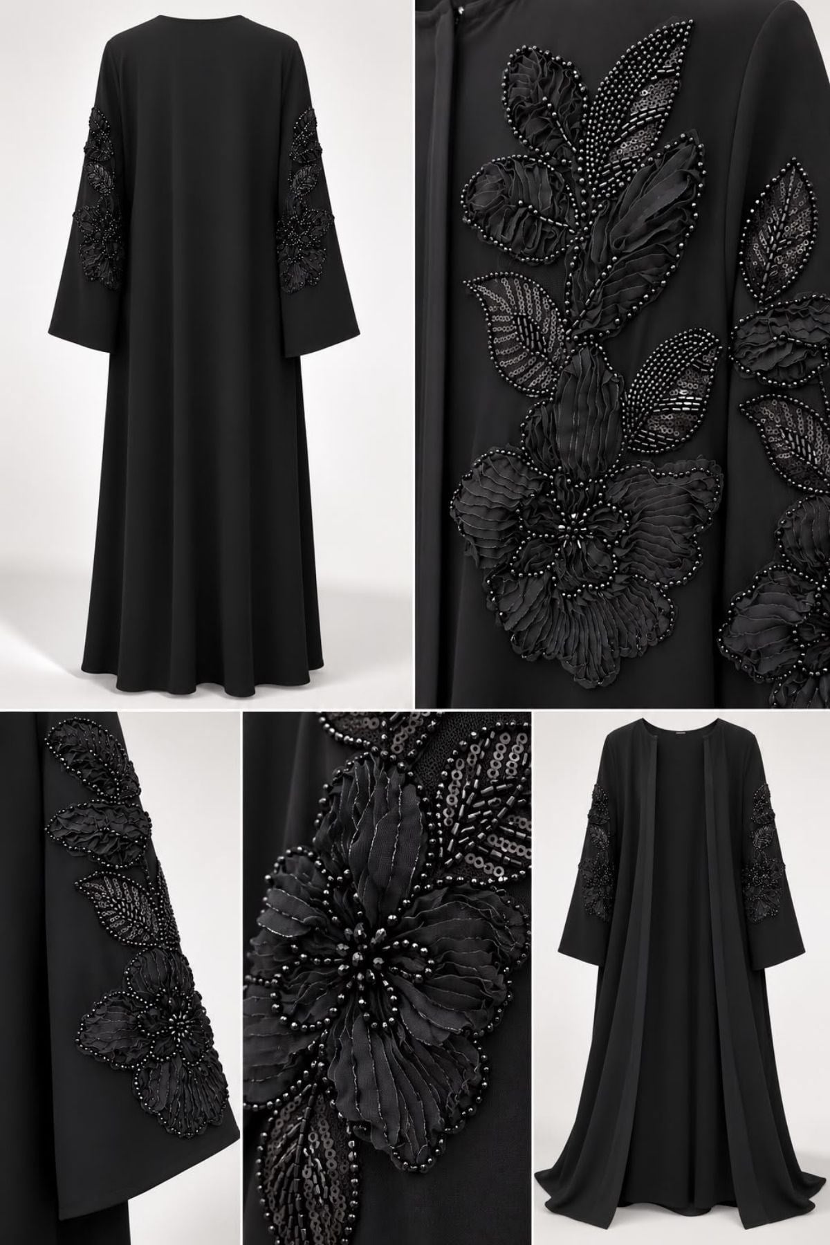 Siyah Özel Çiçek İşlemeli Abaya