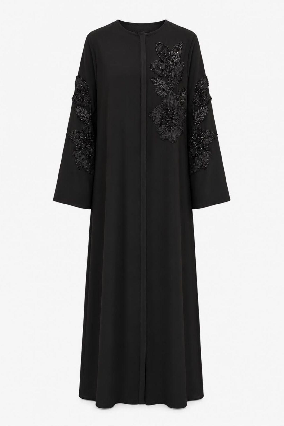 Siyah Özel Çiçek İşlemeli Abaya