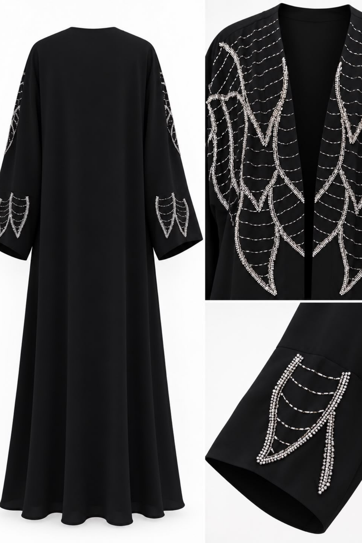 Siyah Taş İşlemeli Yaprak Desenli Uzun Kimono Abaya