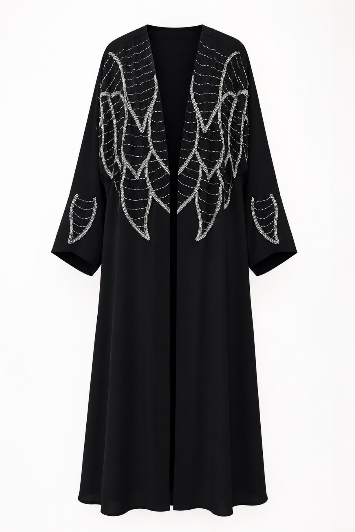 Siyah Taş İşlemeli Yaprak Desenli Uzun Kimono Abaya