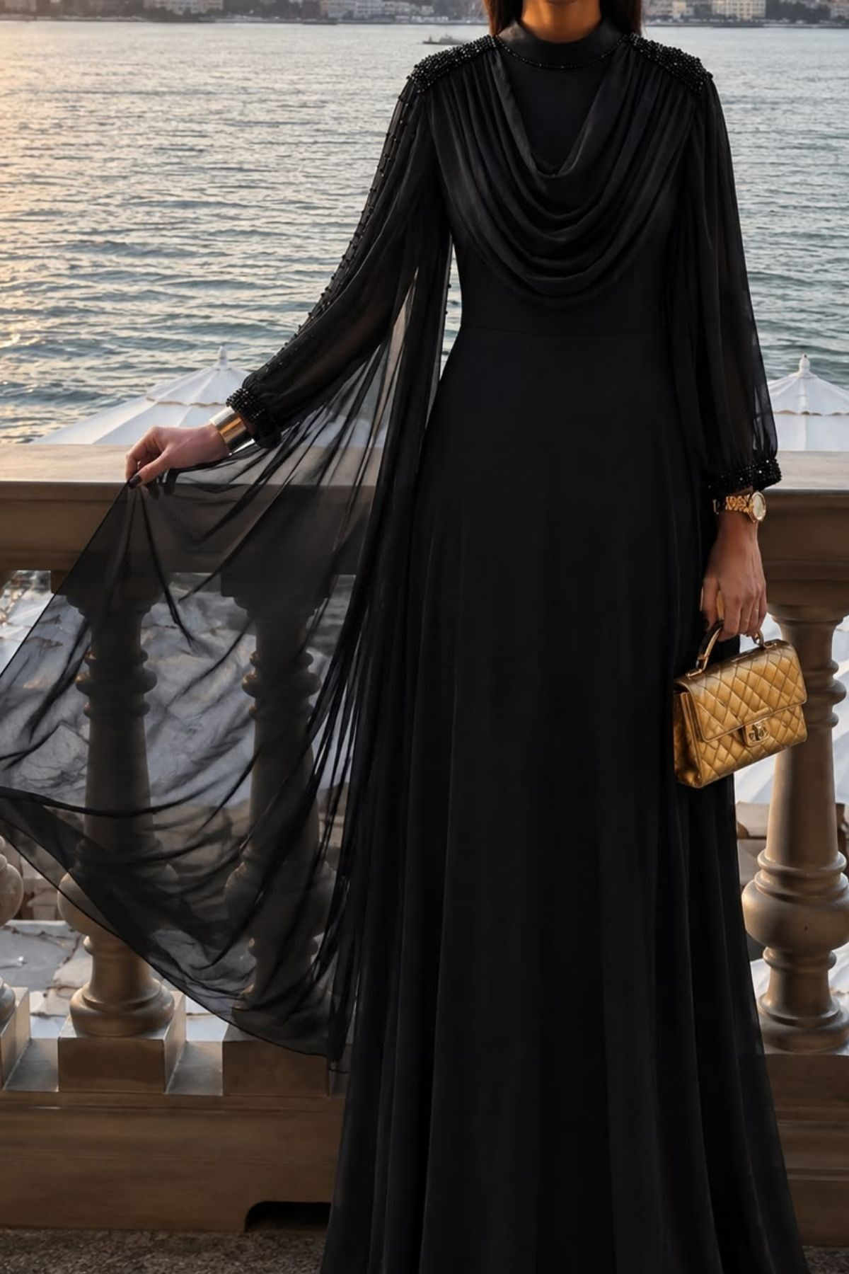 Siyah Vespera Drape Abiye