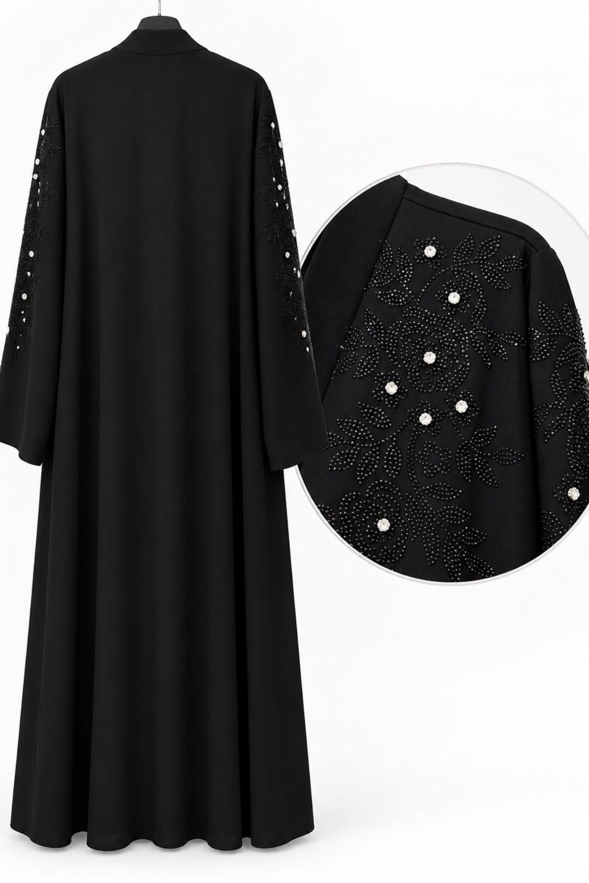 Siyah Yaprak Taş İşlemeli 2 Parça Abaya Takım