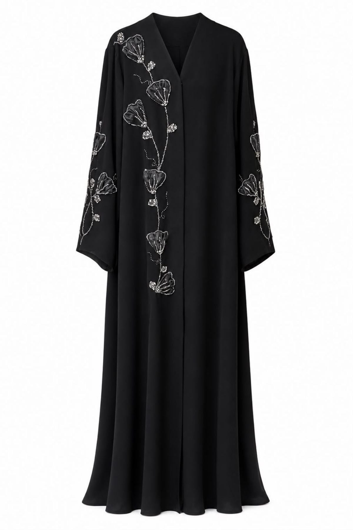 Siyah Zümrüd Çiçek Özel Tasarım Abaya