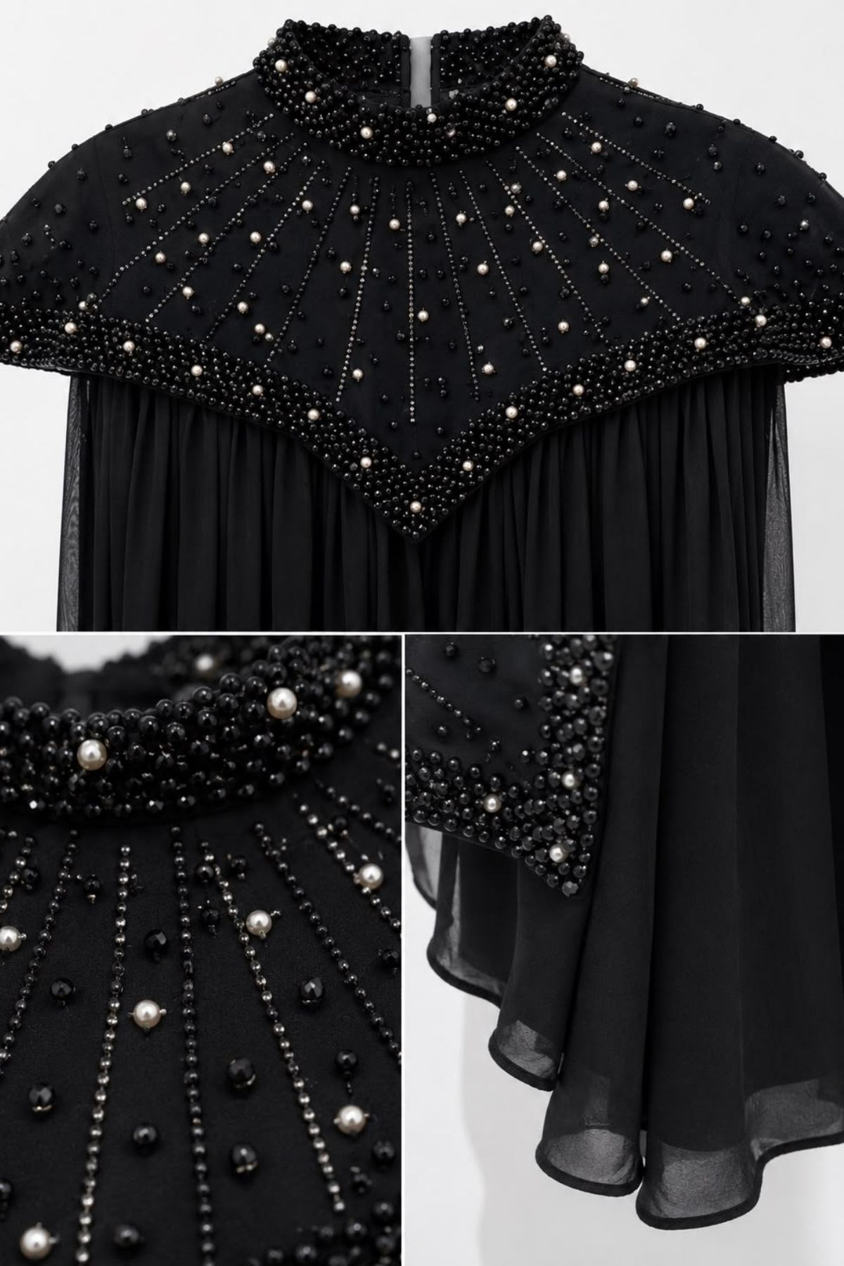 Sultan İnci İşlemeli Şifon Abaya – Siyah