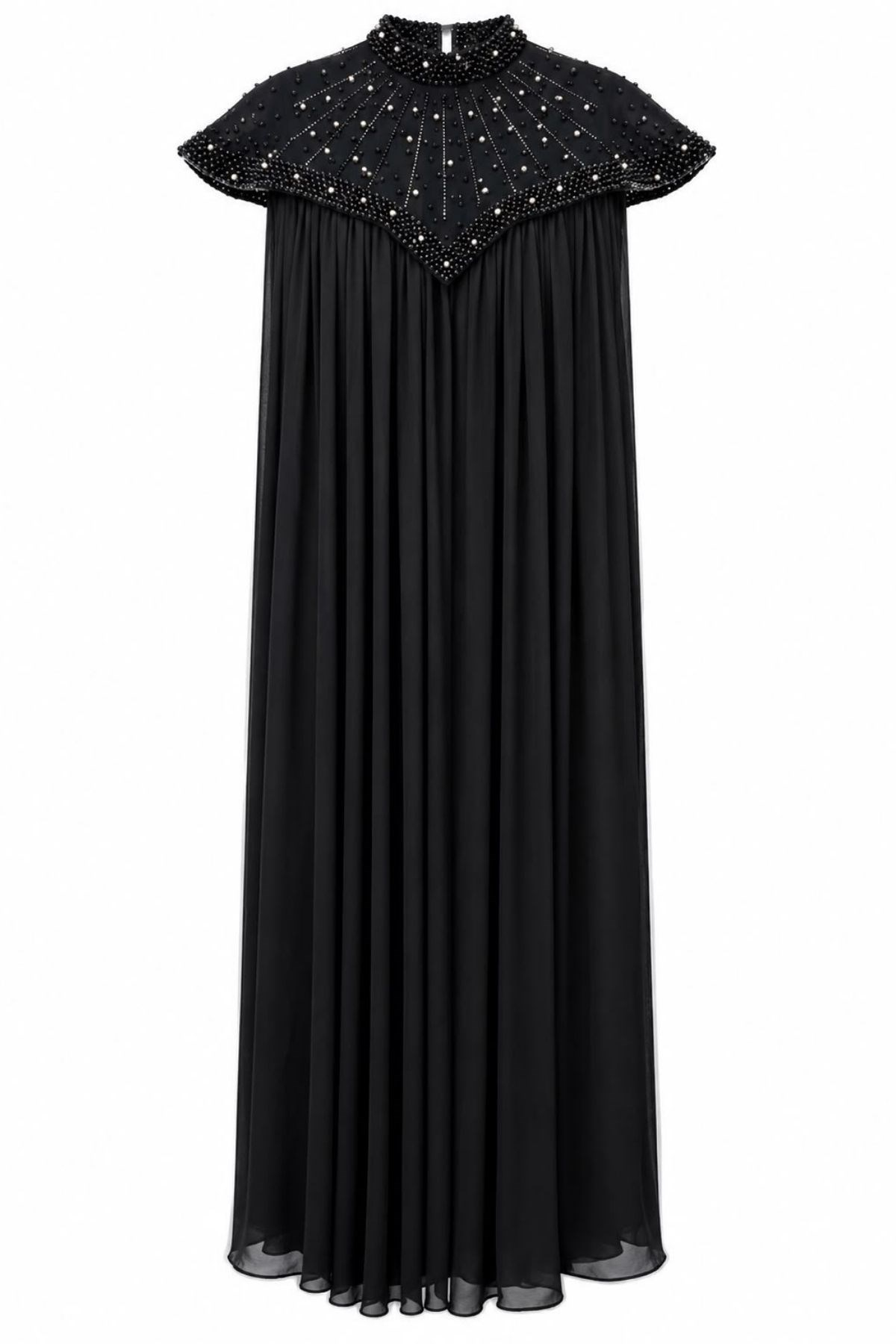 Sultan İnci İşlemeli Şifon Abaya – Siyah