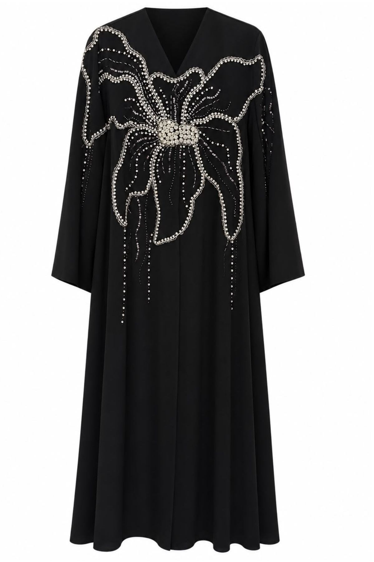 Taş İşlemeli Büyük Çiçek Desenli Siyah Abaya