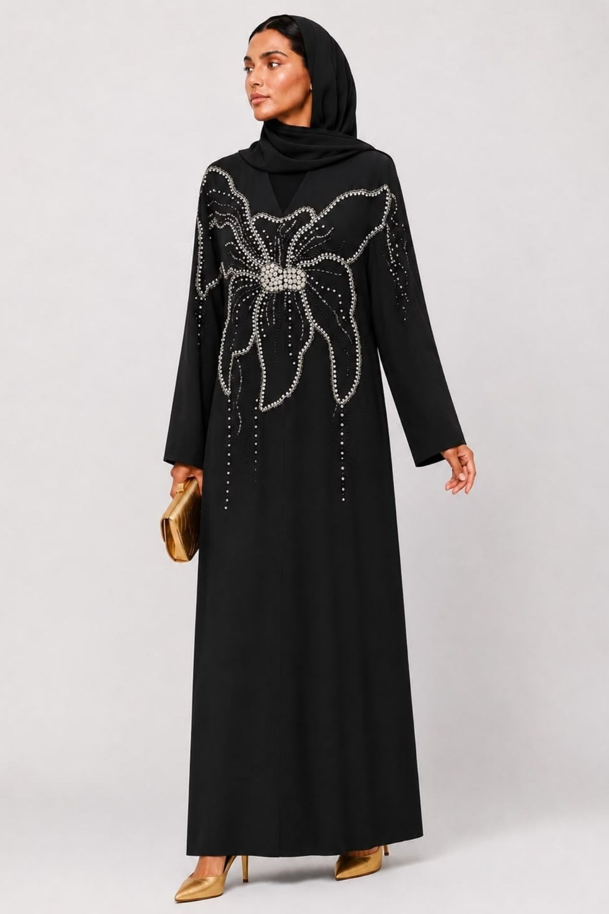 Taş İşlemeli Büyük Çiçek Desenli Siyah Abaya