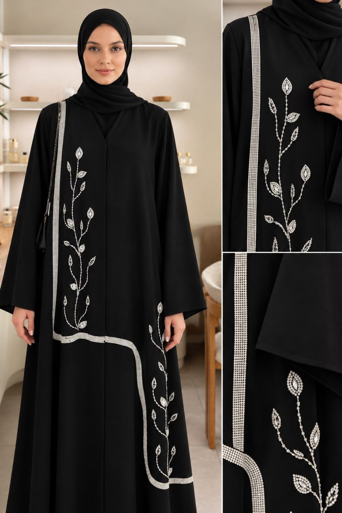 Yaprak Desen Özel Tasarım Siyah Abaya