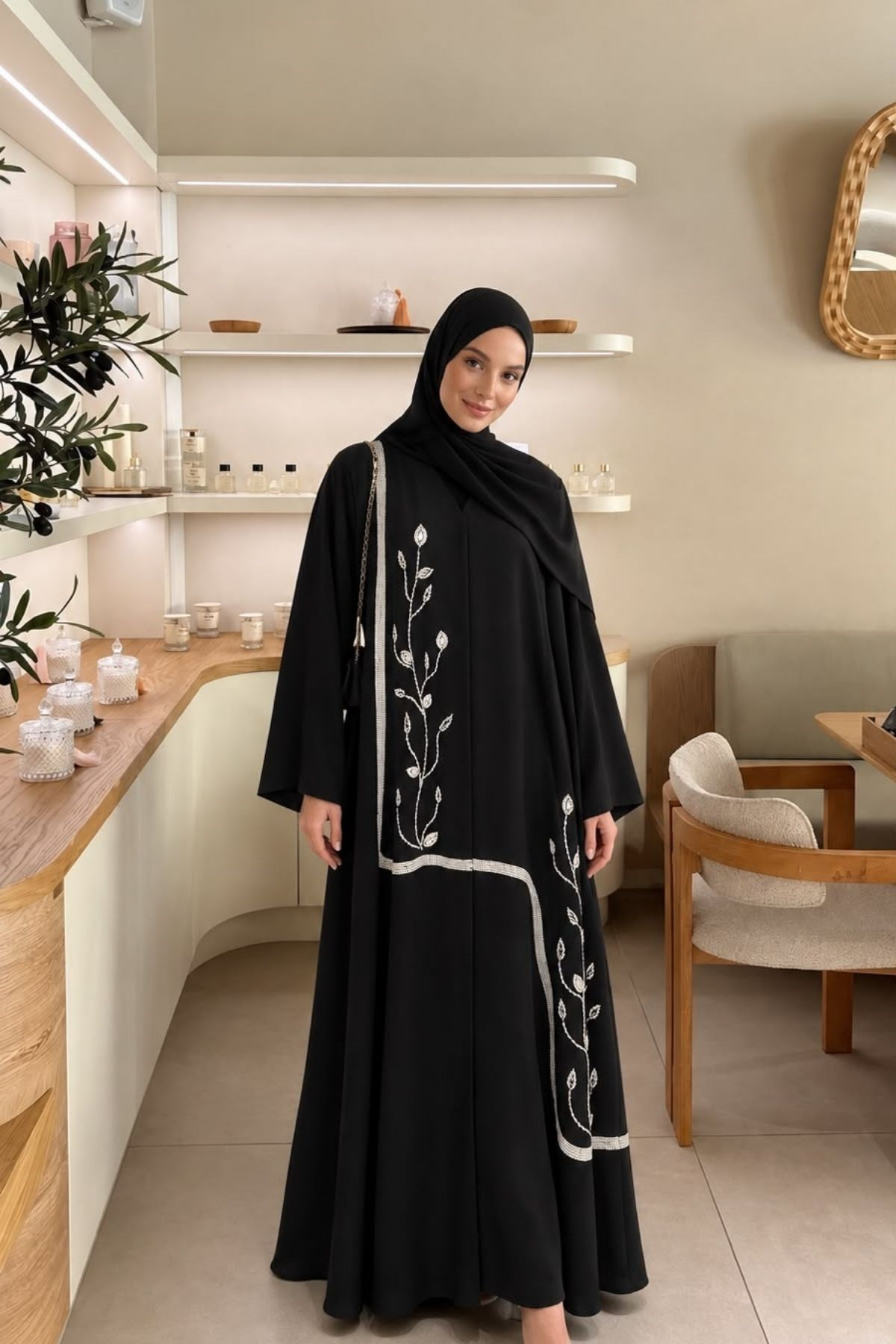 Yaprak Desen Özel Tasarım Siyah Abaya