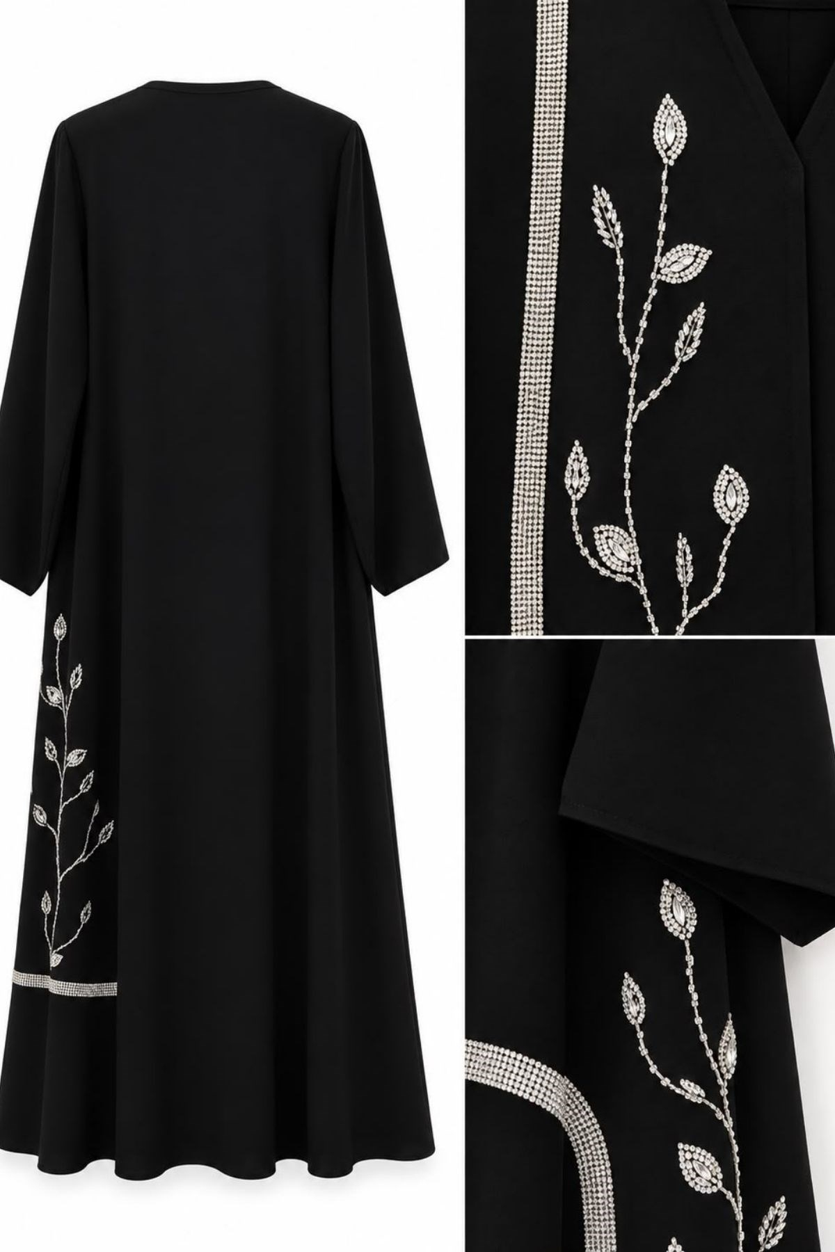 Yaprak Desen Özel Tasarım Siyah Abaya