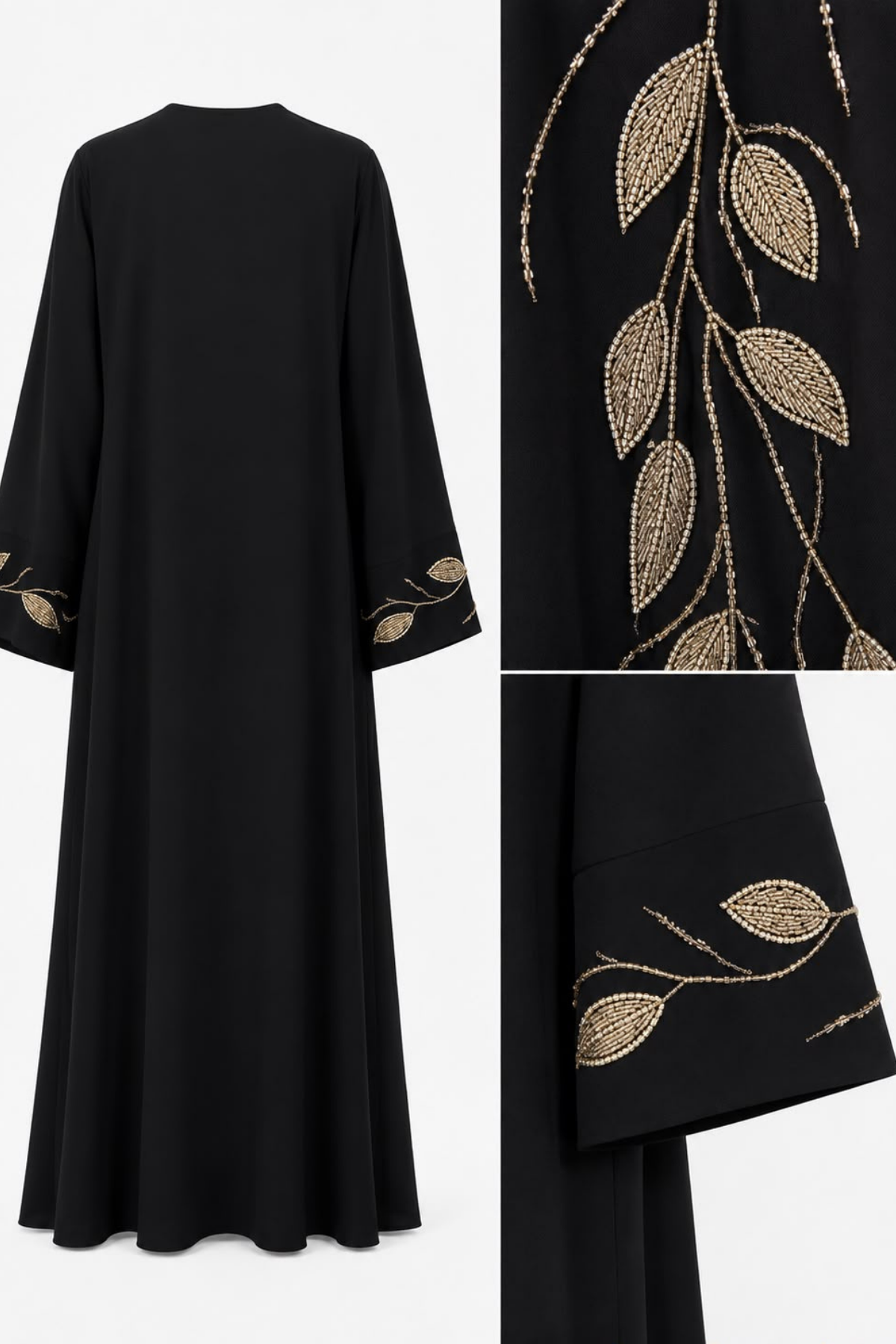 Yaprak Desenlii Özel İthal Siyah Abaya